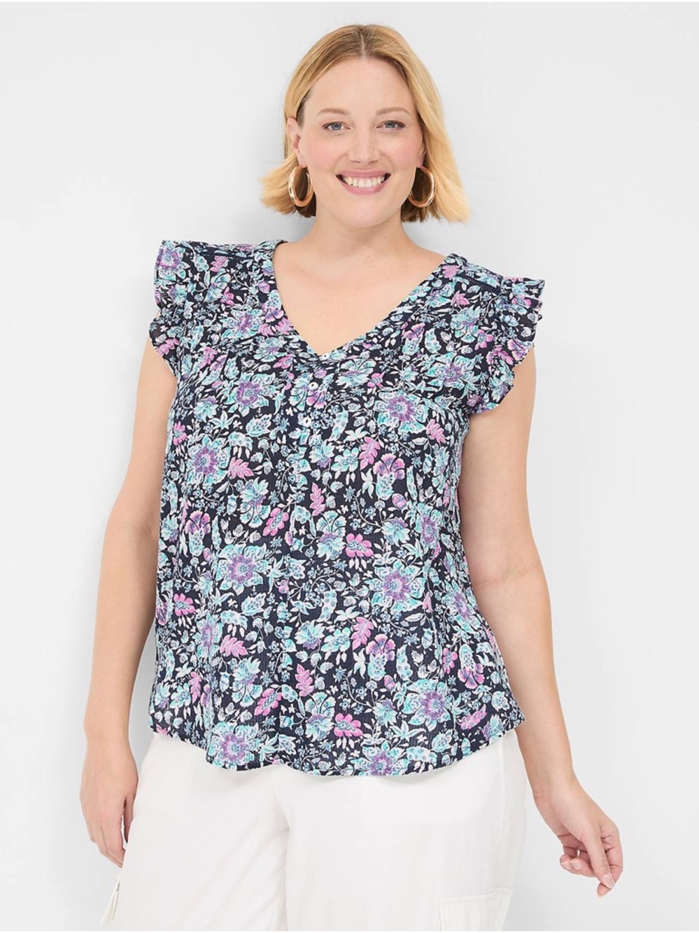 Lane Bryant Navy Floral Button-Front Top with Pink & Aqua Accents